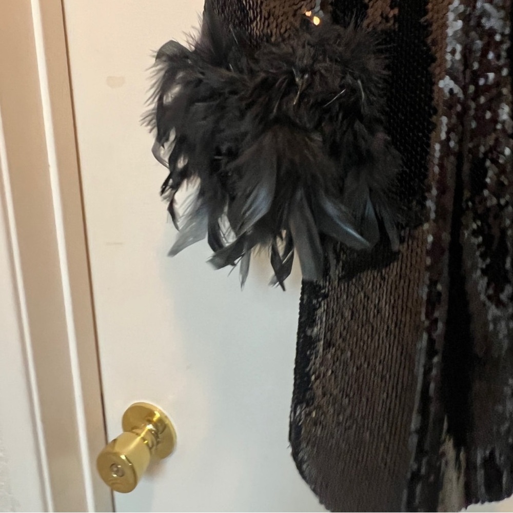 River Island Shimmering Black Sequin Blazer with Feather Cuffs - Picture 3 of 7